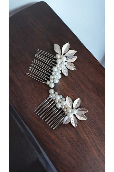 Eva Flore Pearl and Silver Leaf Bridal Engagement Maternity Hair Comb Hairpin 2 Pieces