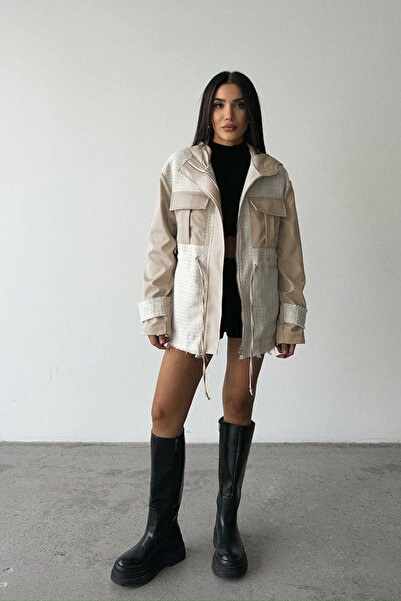 Ortaya Çık Cream Waist Drawstring Pocket Detailed Hooded Coat