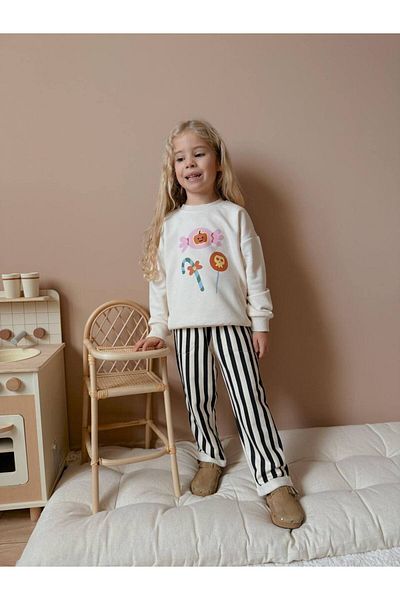 SACRO KİDS Candy Patterned Six-Line Tracksuit-Sweatshirt 3 Thread Winter Girl's Suit