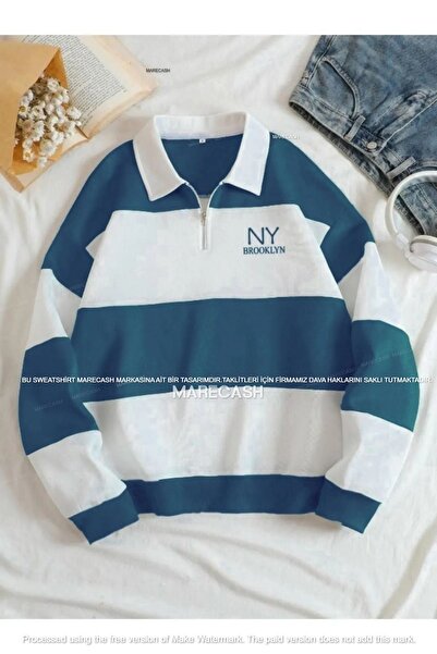 MARECASH Petrol Mavi Ny Brooklyn Yarım Fermuarlı Polo Yaka Kalın Sweatshirt I...