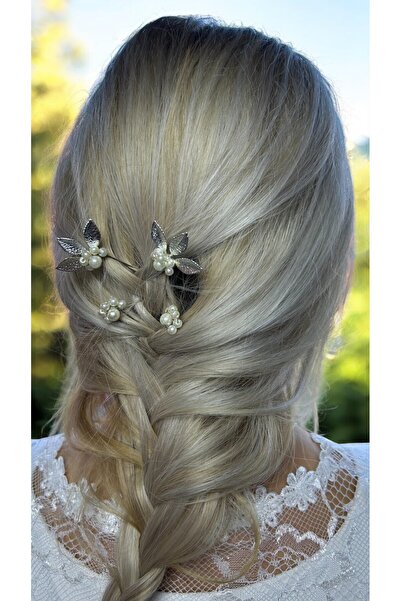Eva Flore 4Pcs Silver Leaf Hair Accessory with Pearls for Bride - Bun and Wire Barrette