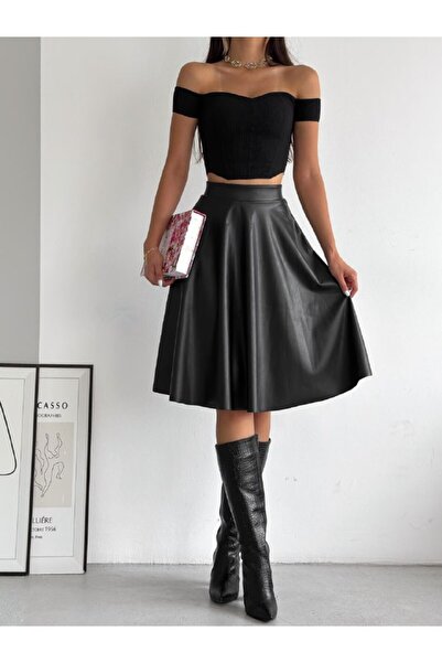 MİSPİER Fusta midi evazată din piele