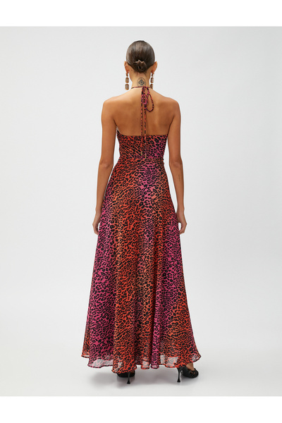 Koton Leopard Patterned Window Detailed Dress with Metal Tie Neck