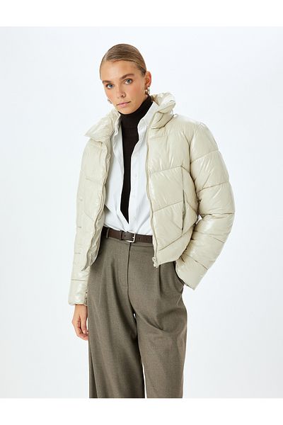 Koton Water Repellent Stand Collar Shiny Short Puffer Jacket with Zipper Pockets