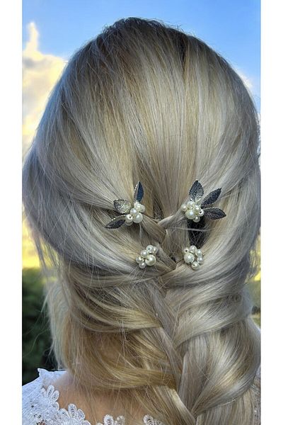 Eva Flore 4Pcs Silver Leaf Hair Accessory with Pearls for Bride - Bun and Wire Barrette