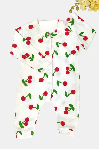 dinamik çocuk Baby Girl Big Cherry Report Printed Baby Romper with Ribbed Snaps Newborn 100% Cotton 1-3-6 Months