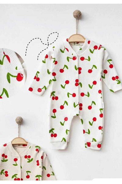 dinamik çocuk 2-Piece Set for Baby Girls - Large Cherry, Report Print Ribbed Romper, 100% Cotton, 1-3-6 Months