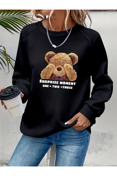 REKA MODA Women's Long Sleeve Crew Neck Teddy Bear Print Viscose Two Thread Blouse