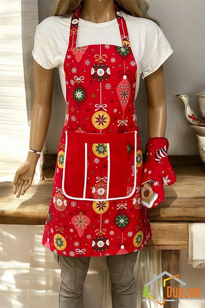 DÜŞLER EV TEKSTİLİ Red Christmas Gift Bow Patterned Kitchen Apron with Pockets