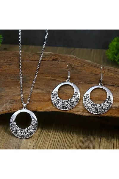 Store Vintage Style Flower Carved Motif Necklace Earring Set