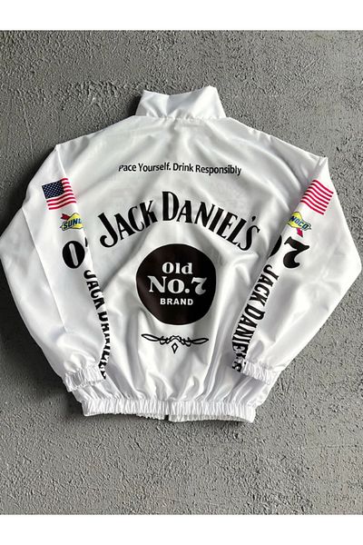 BY SRT Unisex Λευκό JCK Ψηφιακό Σχέδιο Αδιάβροχο με φερμουάρ και αντιανεμικό