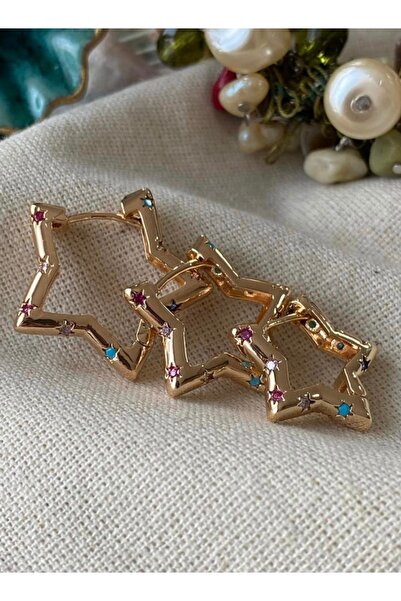SU PERİSİ TAKI BİJUTERİ Gold Renkli Taşlı 3 lü Yıldız Set Küpe