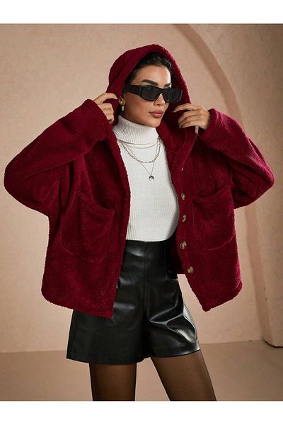 Carnaval Women's Double Pocket Hooded Plush Coat