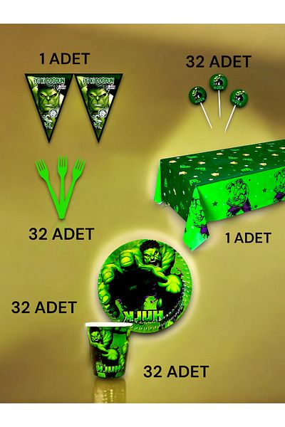 VibeHome Hulk Themed Premium Set for 32 - Birthday Party and Fun Events