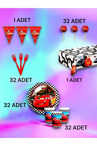 VibeHome 32 Person Cars Themed Premium Set - Birthday Party and Fun Events