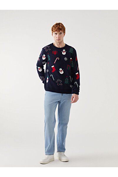 LC Waikiki Lacivert Bisiklet Yaka Uzun Kollu Yılbaşı Temalı Erkek Triko Kazak