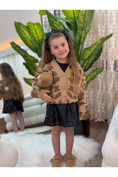 GÖKJOY BUTİK Premium Qualité - Leopard Print Knitwear Cardigan, Glitter Skirt and Long Sleeve Bady Detailed 3 Piece Set