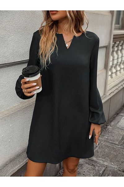 İpeksi Silky Women's Long Sleeve V-Neck Loose Imported Crepe Dress