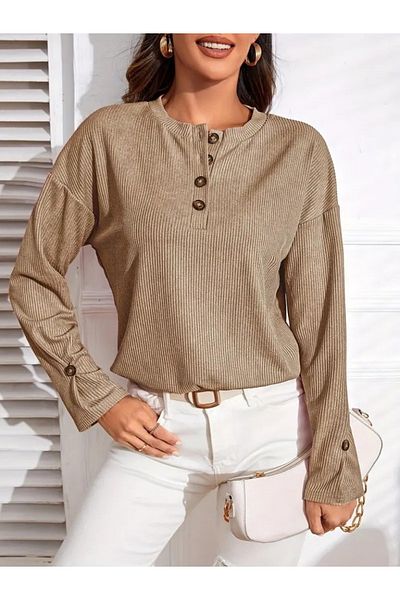 Moka Shopin Mokashopin Women's Long Sleeve V Neck Button up Loose-Fitting Camisole Blouse