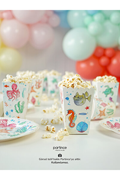 partince Deniz Canlıları Tema Konseptli 8'li Popcorn Patlamış Mısır Kutusu