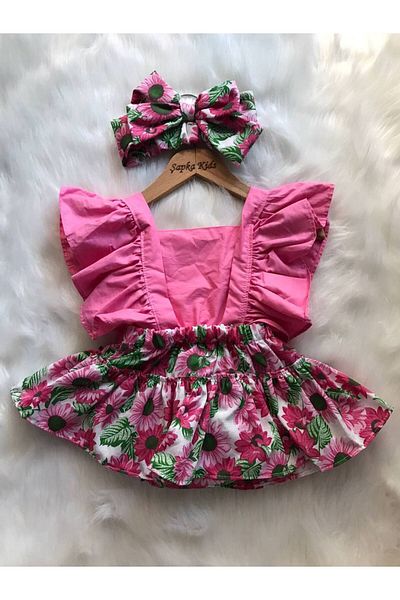 Ensu bayb Pink Sunflower Printed Salopet and Bandana Set