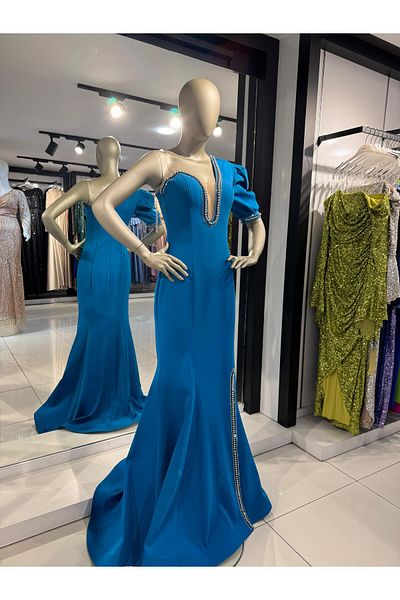 Robes Γυναικείο βραδινό φόρεμα με μονό μανίκι με μαργαριτάρια και πέτρα με λεπτομέρεια κομψό σχέδιο