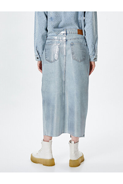 Koton Midi Kot Etek Önden Yırtmaçlı Yüksek Bel Varaklı Metalik Parlak Baskılı Cepli