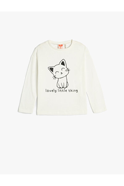 Koton Kedi Baskılı Tişört Uzun Kollu Bisiklet Yaka Pamuklu