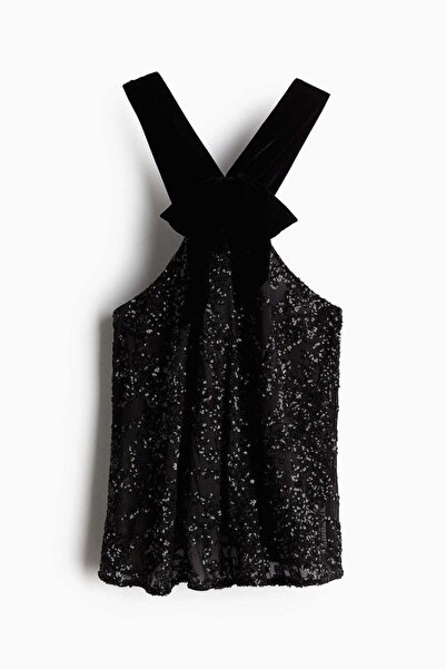 H&M بلوزة مزينة بالترتر مع فيونكة أمامية