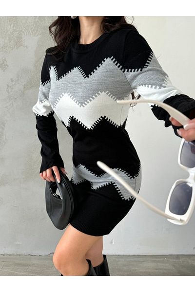 JANES Women's Long Sleeve Zigzag Pattern Knitwear Dress