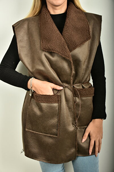 moda caddesi Front Pocket Shawl Collar Plush Detailed Nubuck Vest