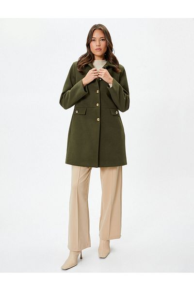 Koton Kaşe Coat Gold Buttoned Cuff Collar Pocket