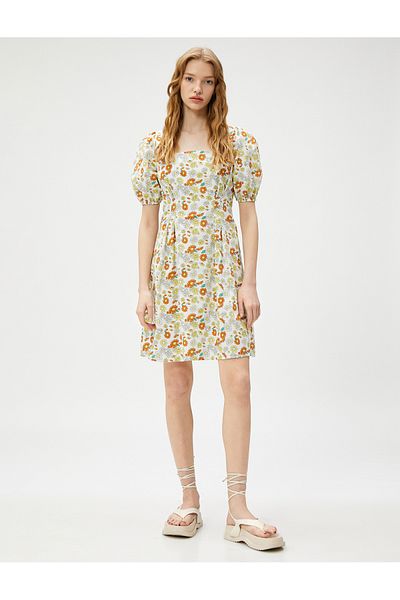 Koton Rochie mini din popelin floral cu mâneci cu bule plisate și guler pătrat din bumbac