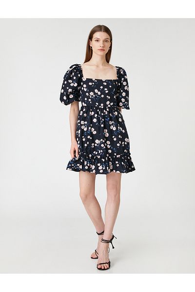Koton Square Neck Mini Viscose Floral Patterned Dress - Balloon Sleeve