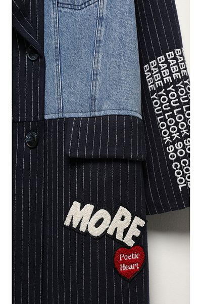 Quzu Navy Blue Long Coat with Embroidery Detail and Denim Match