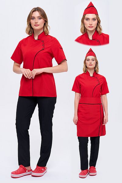 TIPTEKS Comfort Women's Red Chef Jacket, Cap and Waist Apron - Black Piping / Black Chef Pants Set of Four
