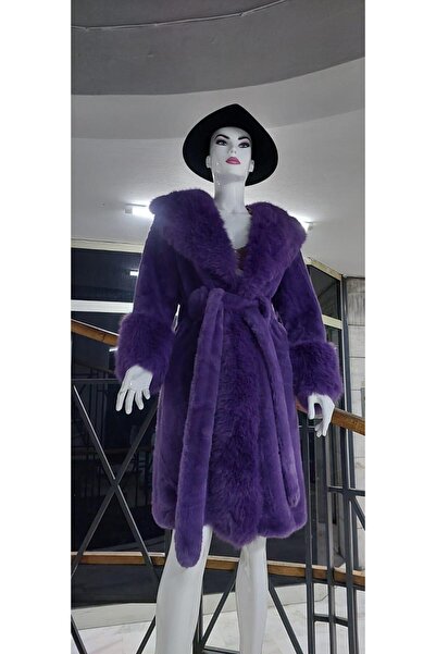 EREN STYLE Кожена яка и ръкави, набук отвътре, кожено палто с колан (100 см)