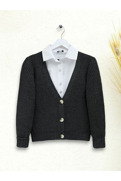 Modamorfo Anthracite Colored Knitted Patterned Buttoned Cardigan