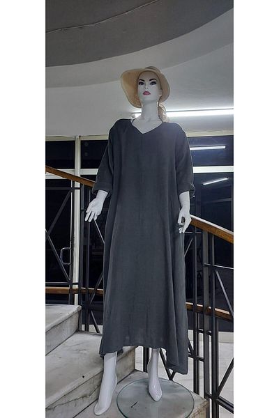 Bohem Stil Ιταλικό λινό μακρυμάνικο φόρεμα με λαιμόκοψη V