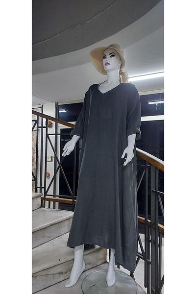 Bohem Stil Ιταλικό λινό μακρυμάνικο φόρεμα με λαιμόκοψη V