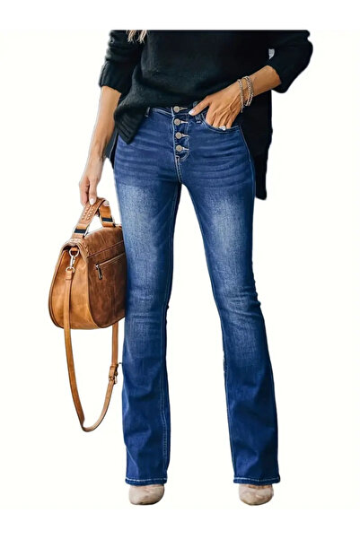 JANES Women's High Waist Front Button Pocket Detail Flared Leg Denim Trousers