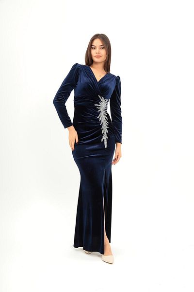Robes Women's Long Sleeve Double Breasted Neckline Embroidery and Drawstring Detail Velvet Fish Skirt Evening Dress