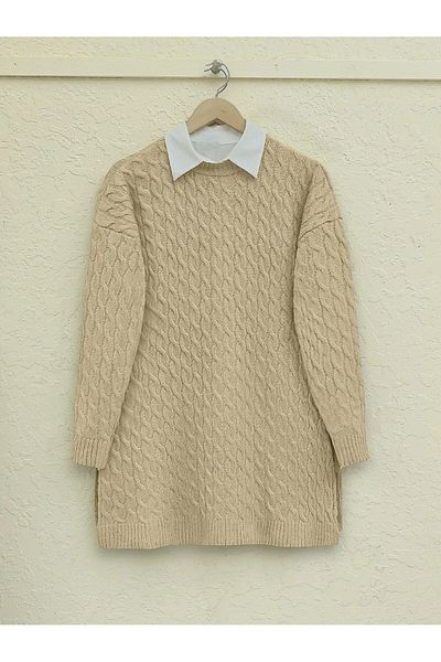 Modamorfo Round Neck Hair Knitted Slit Knitwear Tunic - Light Mink
