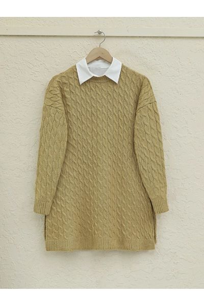 Modamorfo Round Neck Hair Knitted Slit Knitwear Tunic -Mink