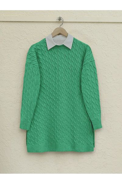 Modamorfo Round Neck Hair Knitted Slit Knitwear Tunic -Green