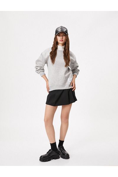 Koton Crew Neck Raised Sweatshirt - Back Zip and Label Print