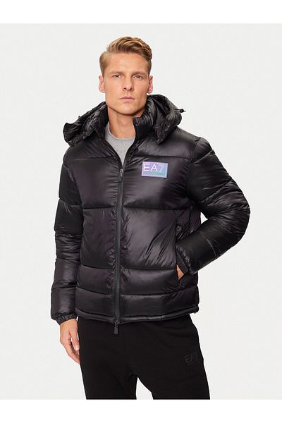 EA7 Men's Quilted Regular Fit Hooded Puffer Black Jacket 6Dpb71 Pn2Mz-1200
