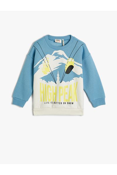Koton Sweat-Ski-Druck, detaillierter Langarm-Rundhalsausschnitt mit Band