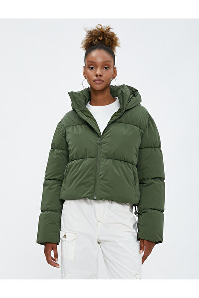 Koton Short Puffer Jacket Oversize Quilted Hooded Zippered Pocket