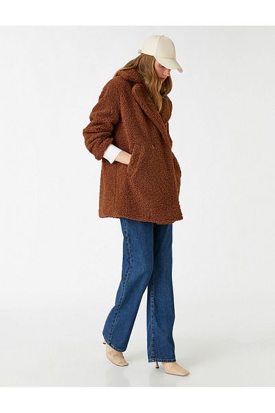 Koton Plush Double Breasted Coat with Double Button Pockets